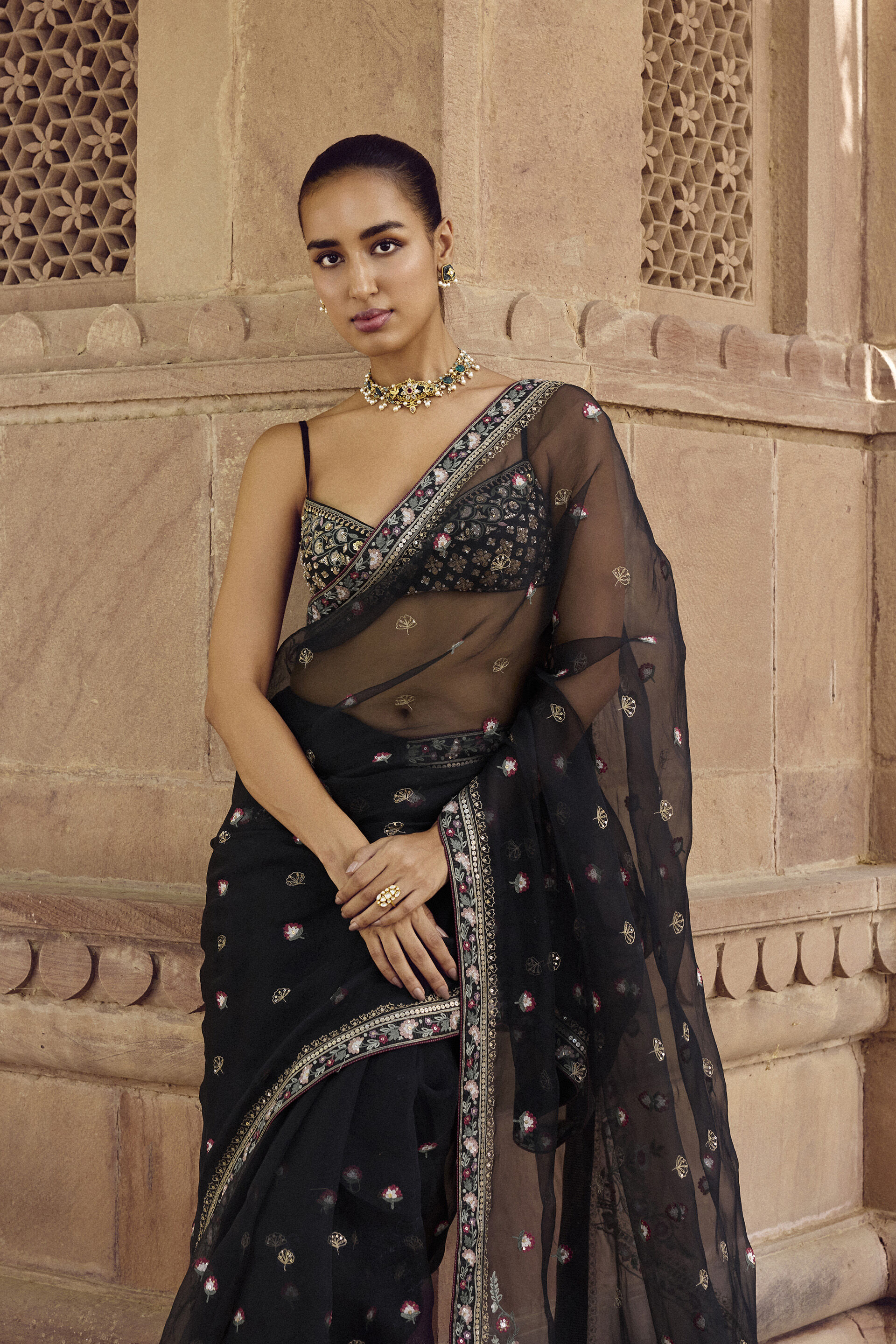 Nalakini Embroidered Silk Saree, Black, image 6